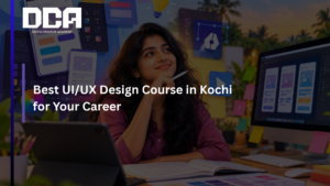 Student designing a mobile app wireframe in Figma during a UI/UX design course in Kochi